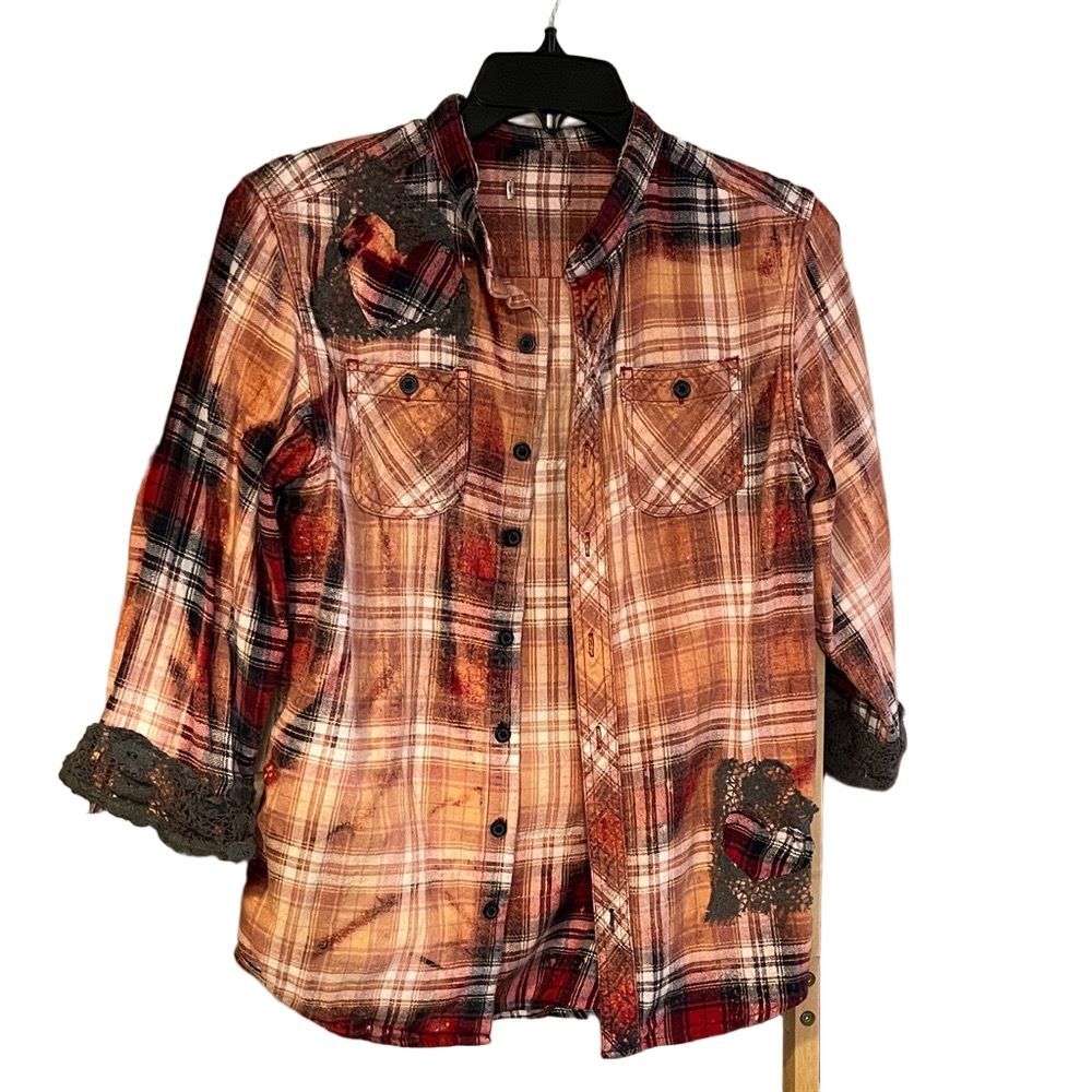 Plaid Button-Up Shirt with Lace Accents - Picture 1 of 6